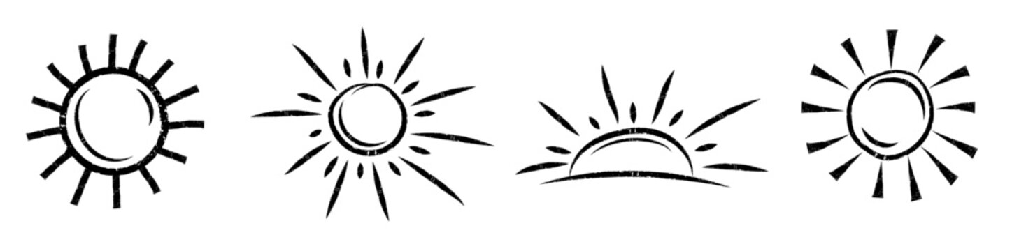 Hand drawn sun doodle set. Charcoal pencil drawing hot weather suns collection. Vector chalk graphic sunshine elements