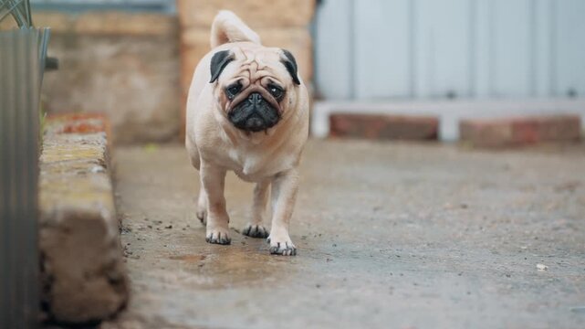 Cute pug walking around wet backyard outdoors after rain in residential area during daytime. Slow motion shot.