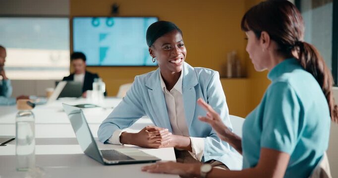 Explain, finance and laptop with business women in boardroom for review of data charts. Computer, conversation and investment decision with employee people in financial workplace for risk management