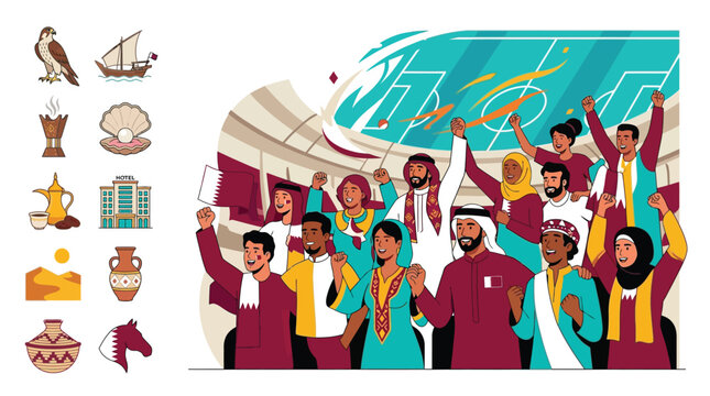 Flat vector illustration of diverse Qatari football fans cheering in a stadium with national flags, alongside cultural icons including a falcon, dhow boat, and incense burner.