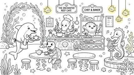 Underwater coloring page for kids, enchanted reef cafe with octopus chef and dolphin waiter, sea animal restaurant line art vector illustration © Fahad