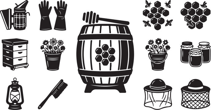 Beekeeping and honey production icons and symbols set collection