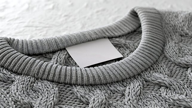 Blank white neck label on grey cable knit sweater