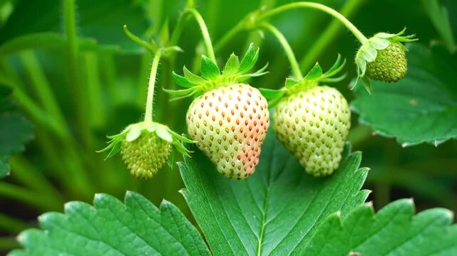 Fresh Unripe Strawberries Growing in a Garden Patch.