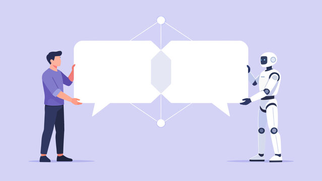 Conceptual illustration of human and artificial intelligence communication, showcasing a smooth flow of dialogue and data exchange between two entities