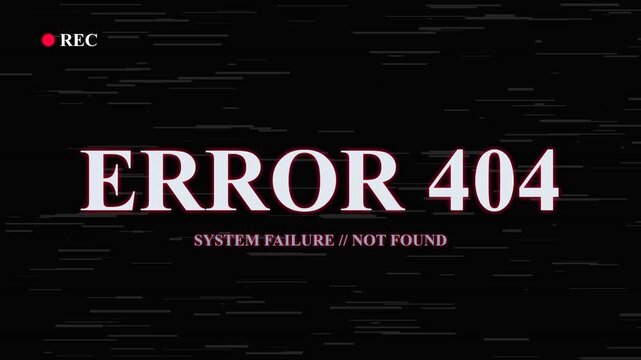 Digital signal glitch distortion with error 404 system failure message and chromatic aberration for video transition overlay on black background.
