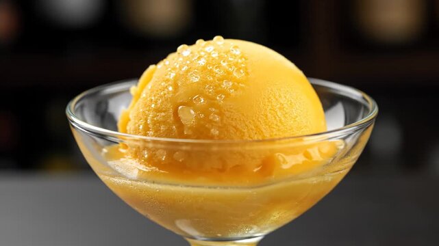 A single scoop of refreshing yellow mango sorbet served in a glass bowl.