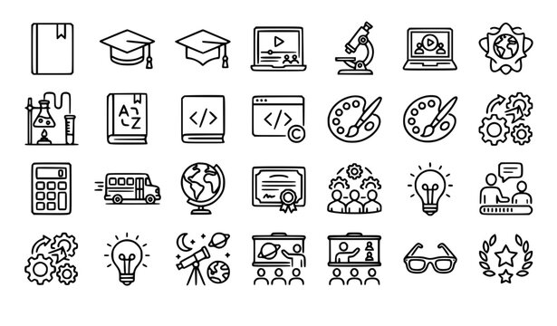 Academic Subject Line Icons Collection with Education Learning and Student Success Vector Elements
