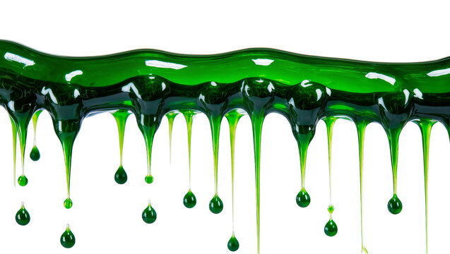 Viscous green liquid dripping in strands and drops, isolated on transparent background