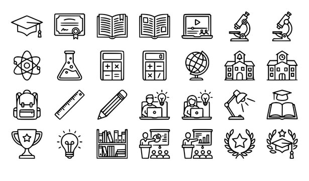 Education Learning Outline Icons Vector Set with Academic Success and School Subject Symbols