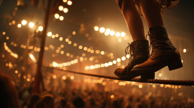 Female tightrope walker balancing on rope above festival crowd with glowing carnival lights and dramatic night atmosphere