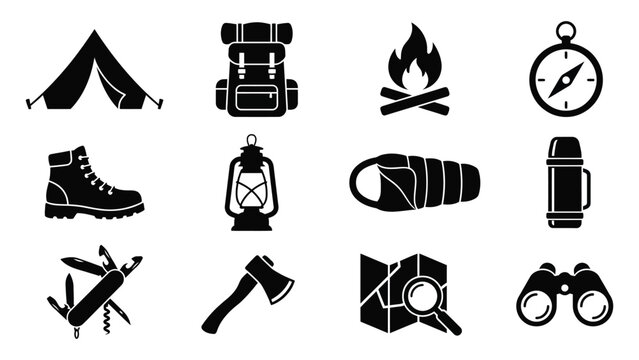 Camping icons set including tent backpack campfire compass hiking boot lantern sleeping bag thermos multi tool