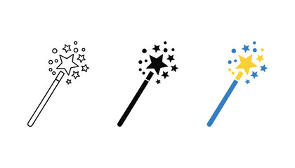 Magic wand icon set featuring outline silhouette and colorful flat design styles for fantasy theme user interface elements © TARU STOCKPLC