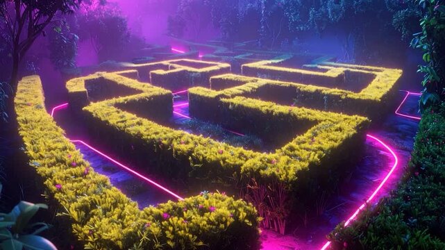 A glowing neon-lit maze surrounded by hedges, trees, and ethereal ambiance