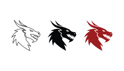 Fototapeta premium Stylized dragon head icons set in outline solid and colored vector formats for fantasy gaming branding and mythology projects