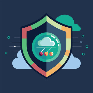 Cybersecurity shield protecting cloud data with rain and digital elements symbolizing data protection and privacy.