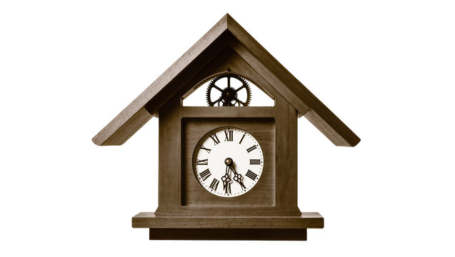 Wooden cuckoo clock with visible gears and Roman numeral dial, isolated on transparent background