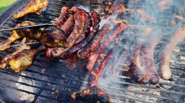 Sausages and chicken pieces grill over flames on a smoking outdoor barbecue