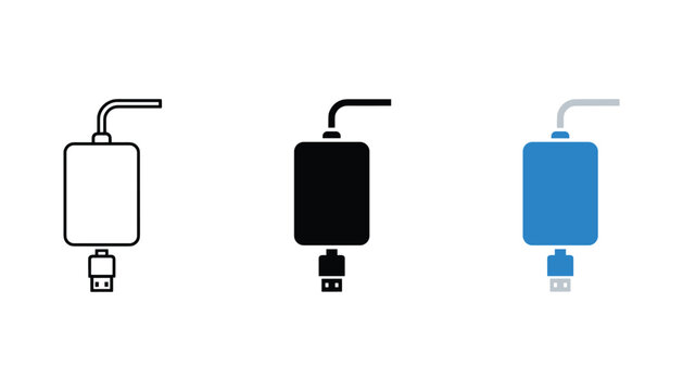 USB cable charger icons featuring power adapter and plug in outline solid and blue colored vector designs for electronic accessories