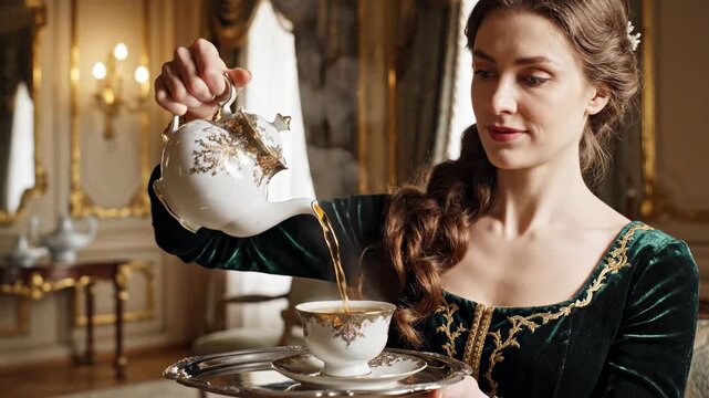 Woman pouring tea in elegant room with gold accents and velvet dress