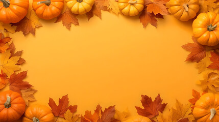 Fototapeta premium Rich autumn frame with orange pumpkins and vibrant fall foliage background