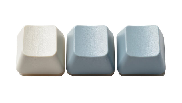 Three blank keyboard keycaps in white and blue, isolated on transparent background