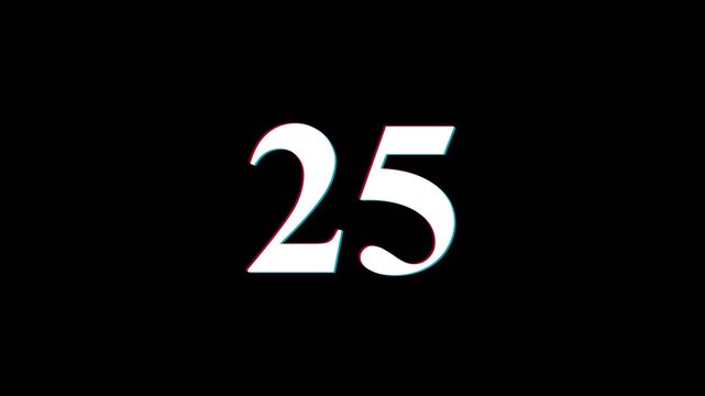 Countdown numbers 30 to 1 with digital glitch distortion effect and chromatic aberration flicker on black background for video production.