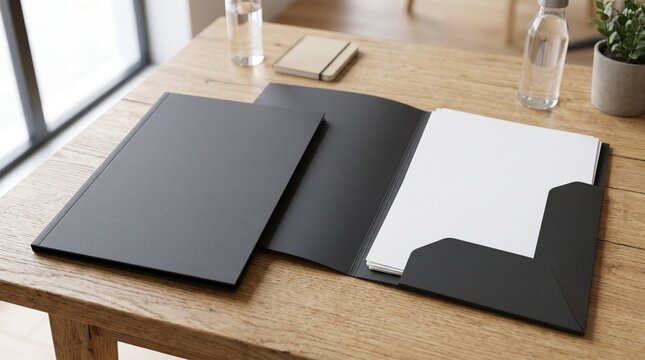 Realistic 3D rendering of an open black presentation folder mockup with white papers on a wooden desk, perfect for professional branding and document display solutions