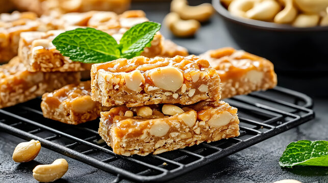 Stack of healthy nut and caramel granola bars with fresh mint