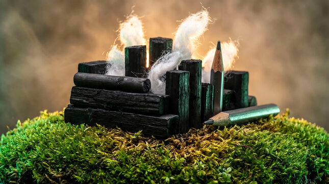 Miniature charcoal log cabin with cotton smoke and pencils on green moss