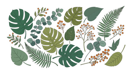 Collection of various green tropical leaves and botanical elements. © dada
