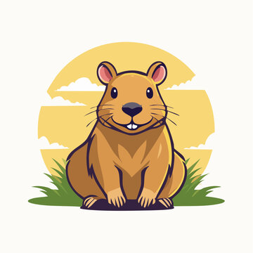 Cute cartoon groundhog sitting in grass with sun and clouds background