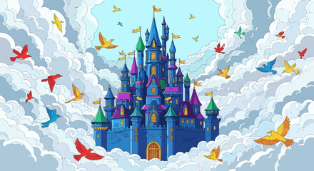 Enchanting fairytale castle surrounded by colorful flying birds in a whimsical sky. © dada