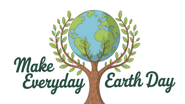 Stylized tree with globe as crown and green leaves encircling it with text earth planet