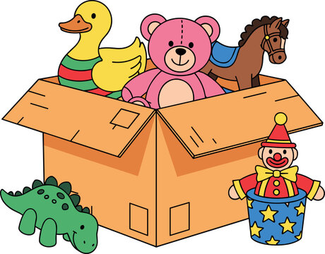 Cute childhood toys inside cardboard box vector cartoon illustration isolated on white background