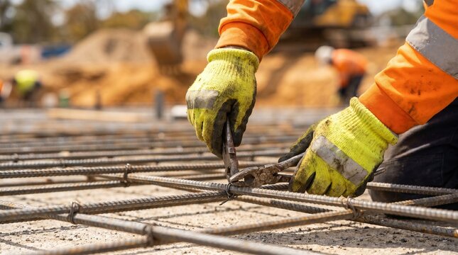 A construction worker in safety gloves uses pliers to tie rebar for concrete foundation on a building site. Essential for strong structures and construction projects.