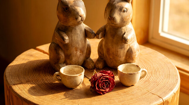 Wooden rabbit figures standing by tiny teacups and a dried rose on a wood slice