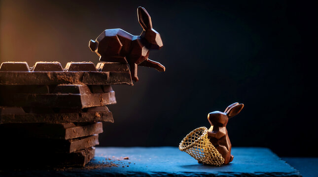 Wooden rabbit jumping off stacked chocolate blocks towards another rabbit with a net