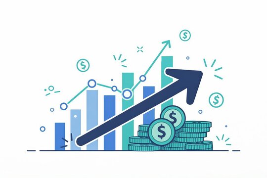 Growing business finance illustration with upward arrow and money stack