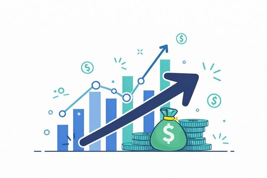 Growing business finance graph with money bag and upward arrow illustration