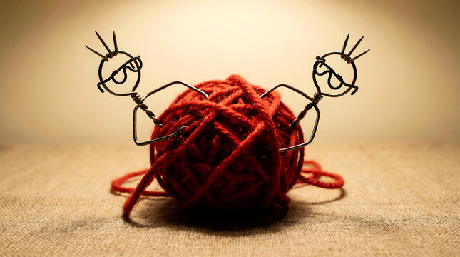 Two wire stickmen struggling with a large tangled ball of red yarn
