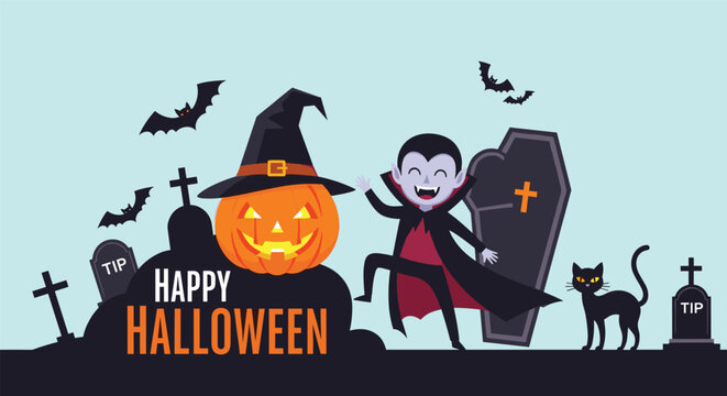 Spooky yet fun Halloween illustration with a jack-o-lantern, a dancing vampire, several bats, a coffin, and a black cat in a graveyard.