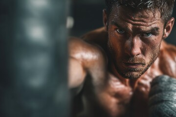 Fototapeta premium Boxing workout with man punching heavy bag in gym
