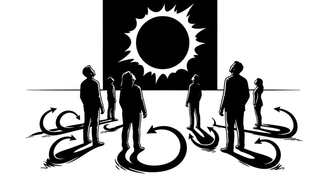 People in silhouette observe eclipse with paradoxical symbolism and arrows