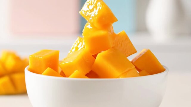 Fresh Juicy Mango Cubes Being Poured Into A White Bowl.