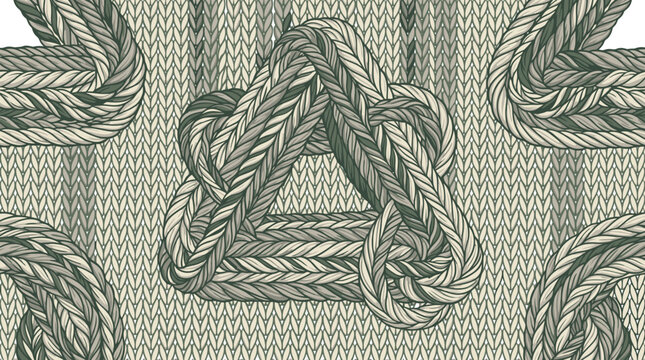 Seamless pattern of knitted impossible triangle shapes featuring green grey and cream yarn textures on a cozy handcrafted woolen fabric background for design