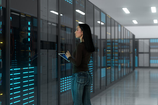 3D server room technician uses tablet near network cabinet