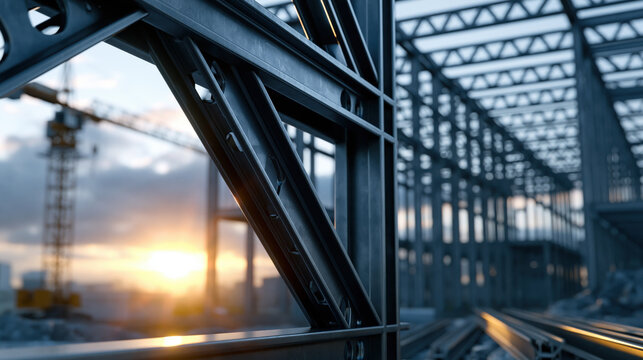 Industrial bridge steel structure metal beam construction site sunset light urban engineering structural detail modern architecture heavy industry wide angle view dramatic scene industrial bridge