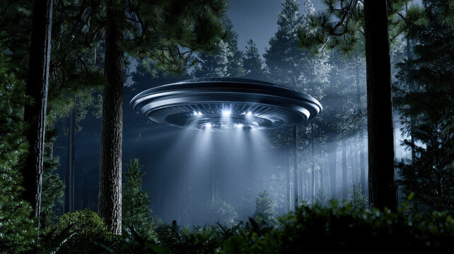 Alien spacecraft flying saucer ufo forest night beam light mystery fog pine tree wilderness sleek alien spacecraft flying saucer ufo hovers over forest night, beam light cutting through mystery