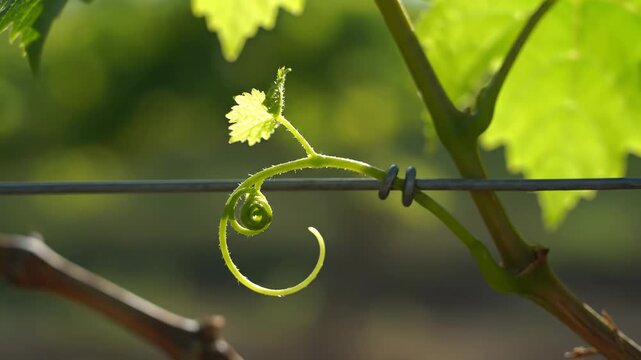 Close up of a green grapevine tendril wrapping around a wire in a vineyard.